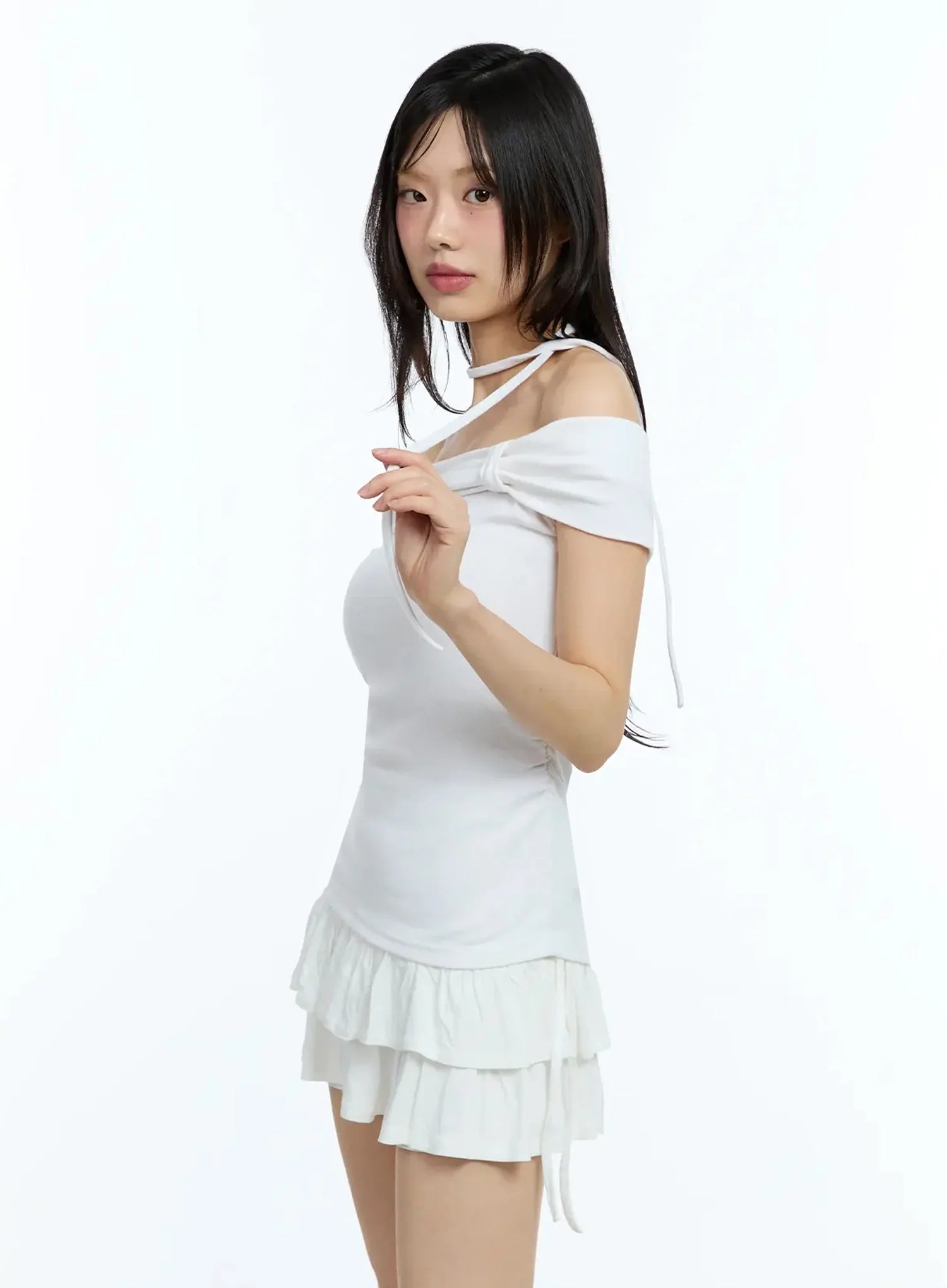 Ribbon Off-Shoulder Tee with Scarf Set IU524