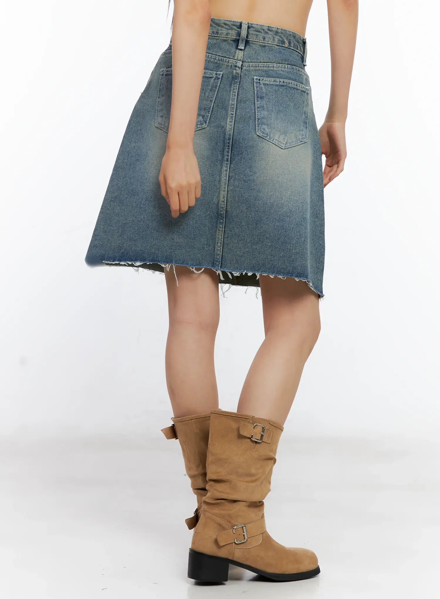 Frayed-Hem Denim Midi Skirt CL529