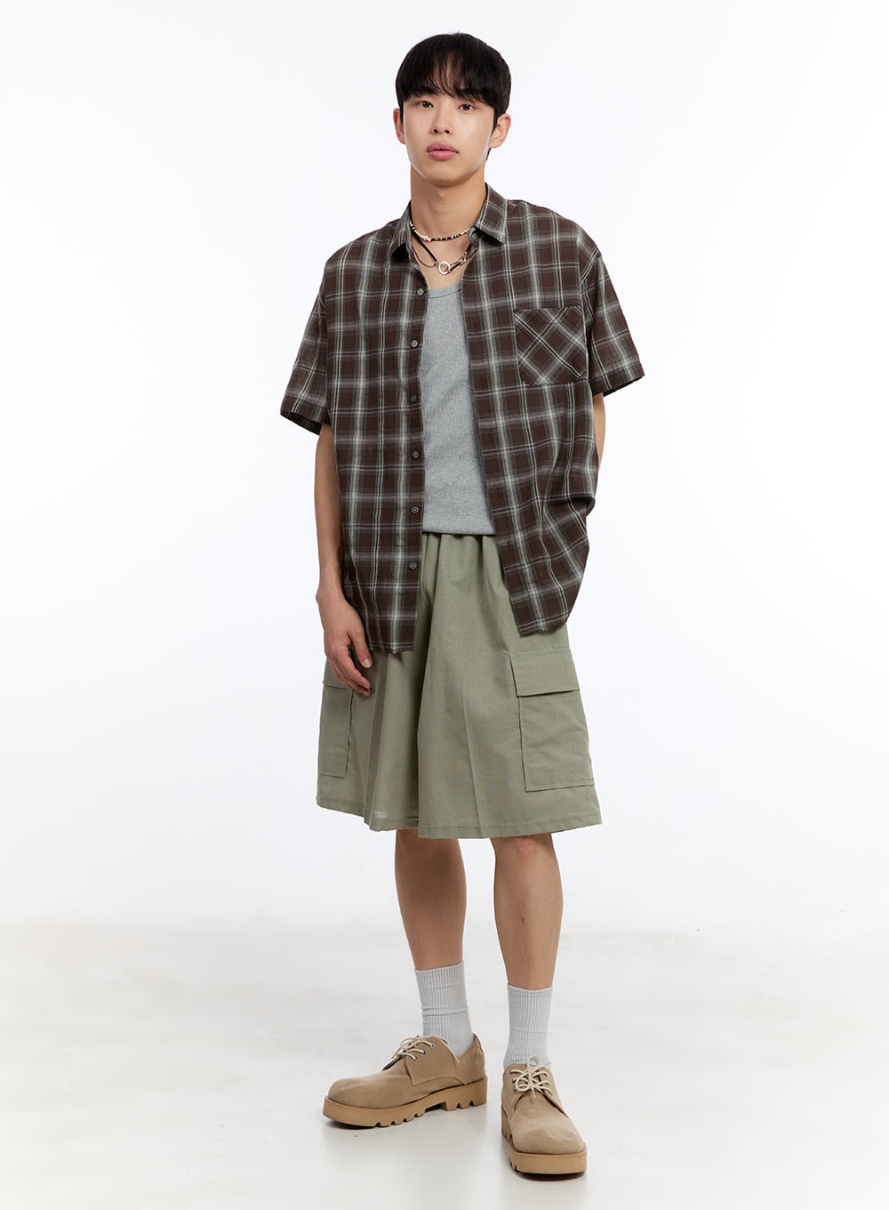 Men's Check Collared Short-Sleeve Shirt IY530