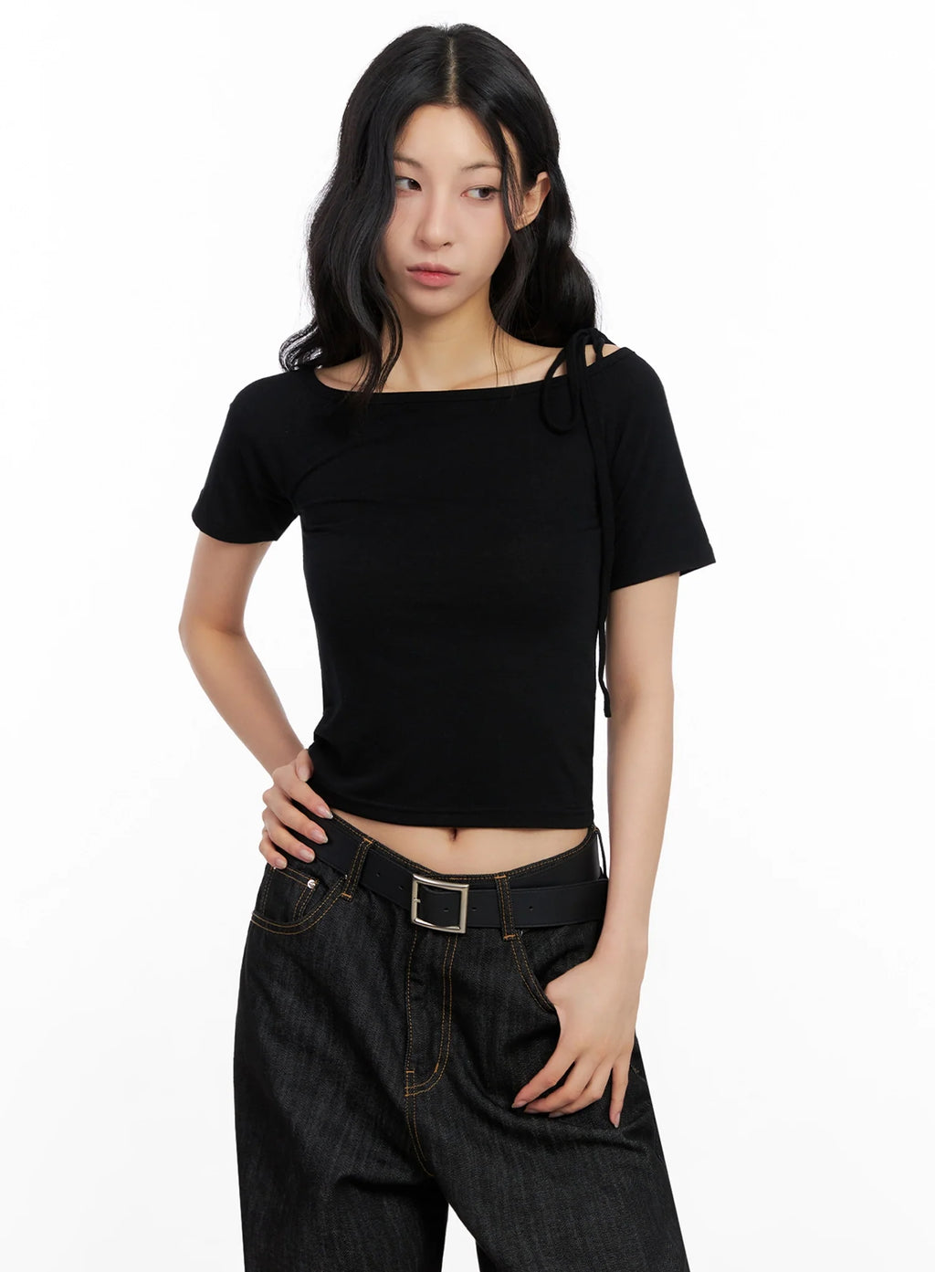 Asymmetric Shoulder-Tie T-Shirt IG508