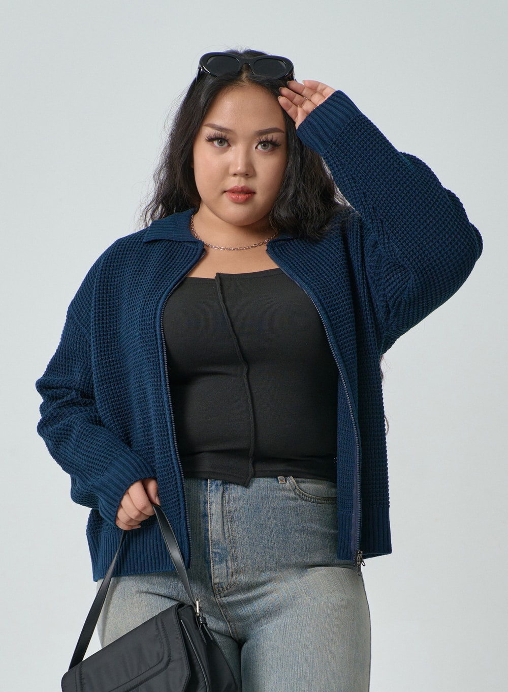 Plus Waffle Pattern Collared Two Way Zip-Up Knit