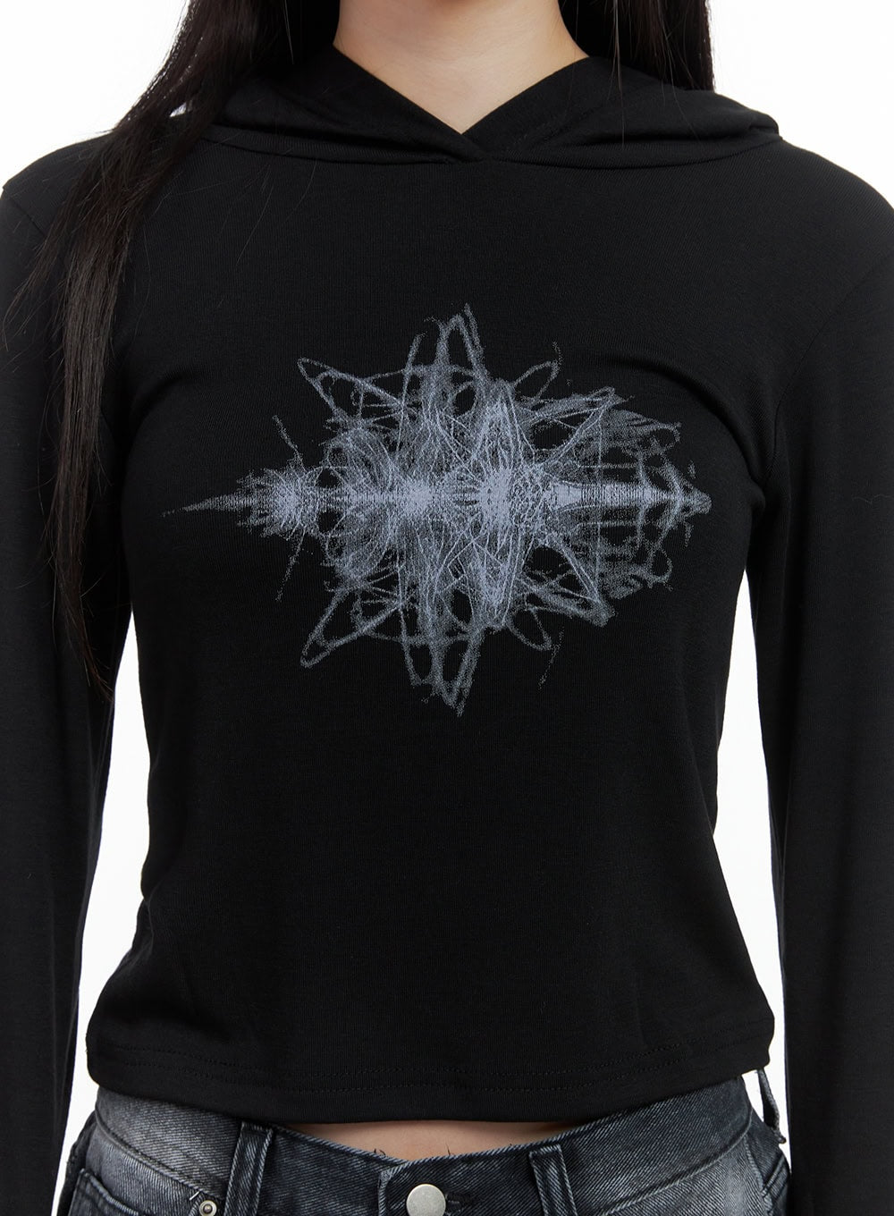 Printed Hand Warmer Long Sleeve Hood Top CS419