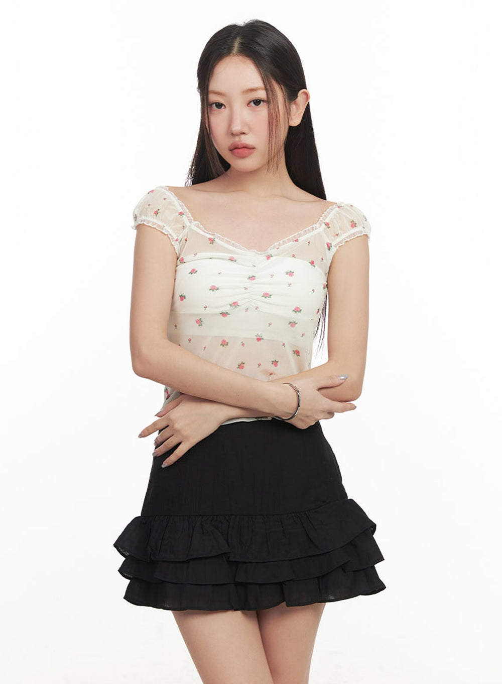 Sheer Floral Lace Shirred Top IM525