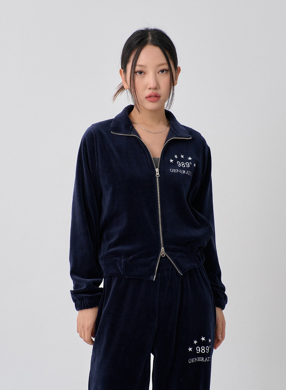 Lettering Embroidery Velvet Two Way Zipper Sweatshirt CN10