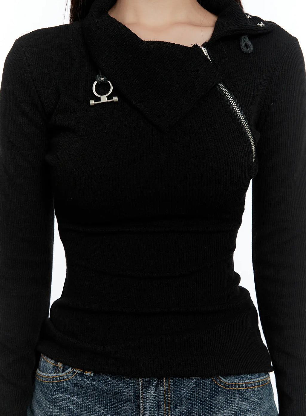 Zipper Detail Rib Knit Long Sleeve CS517