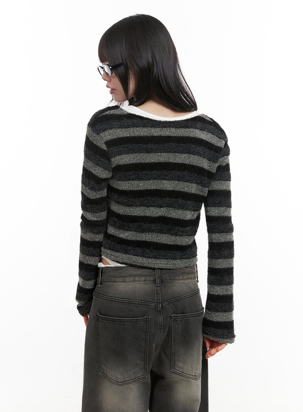 Striped Slit Cropped Cardigan ID402