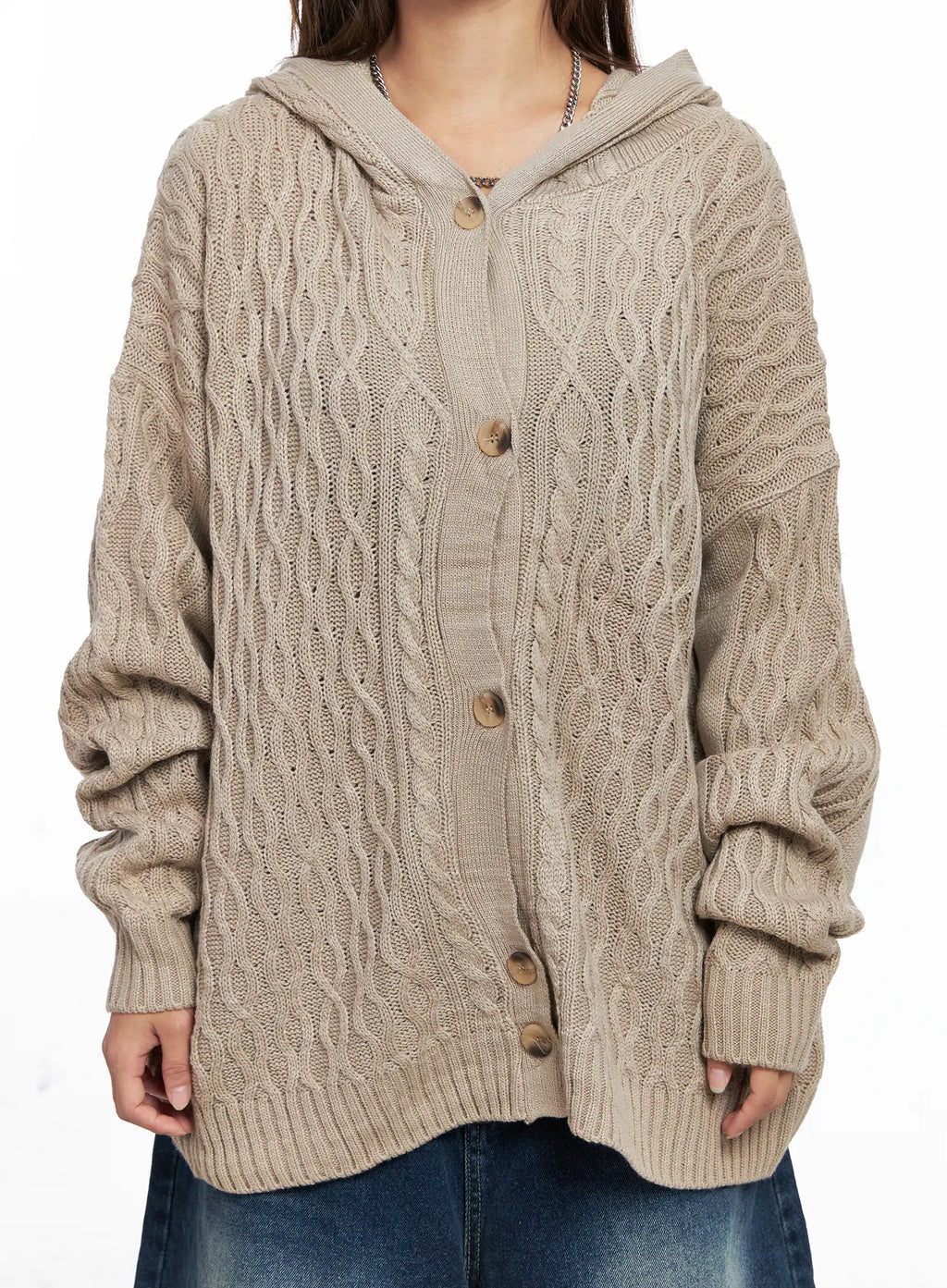 Oversized Cable Knit Button-Up Hoodie CO510