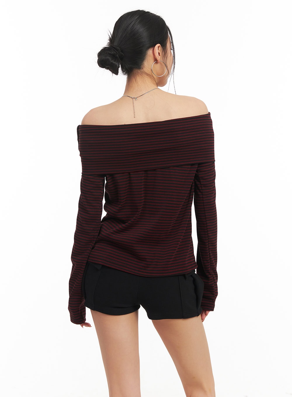 Striped Long-Sleeve Off-Shoulder Top CM503