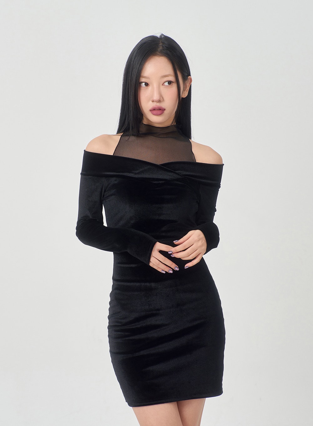 Velvet Off-Shoulder Mesh Neck Mini Dress BD23