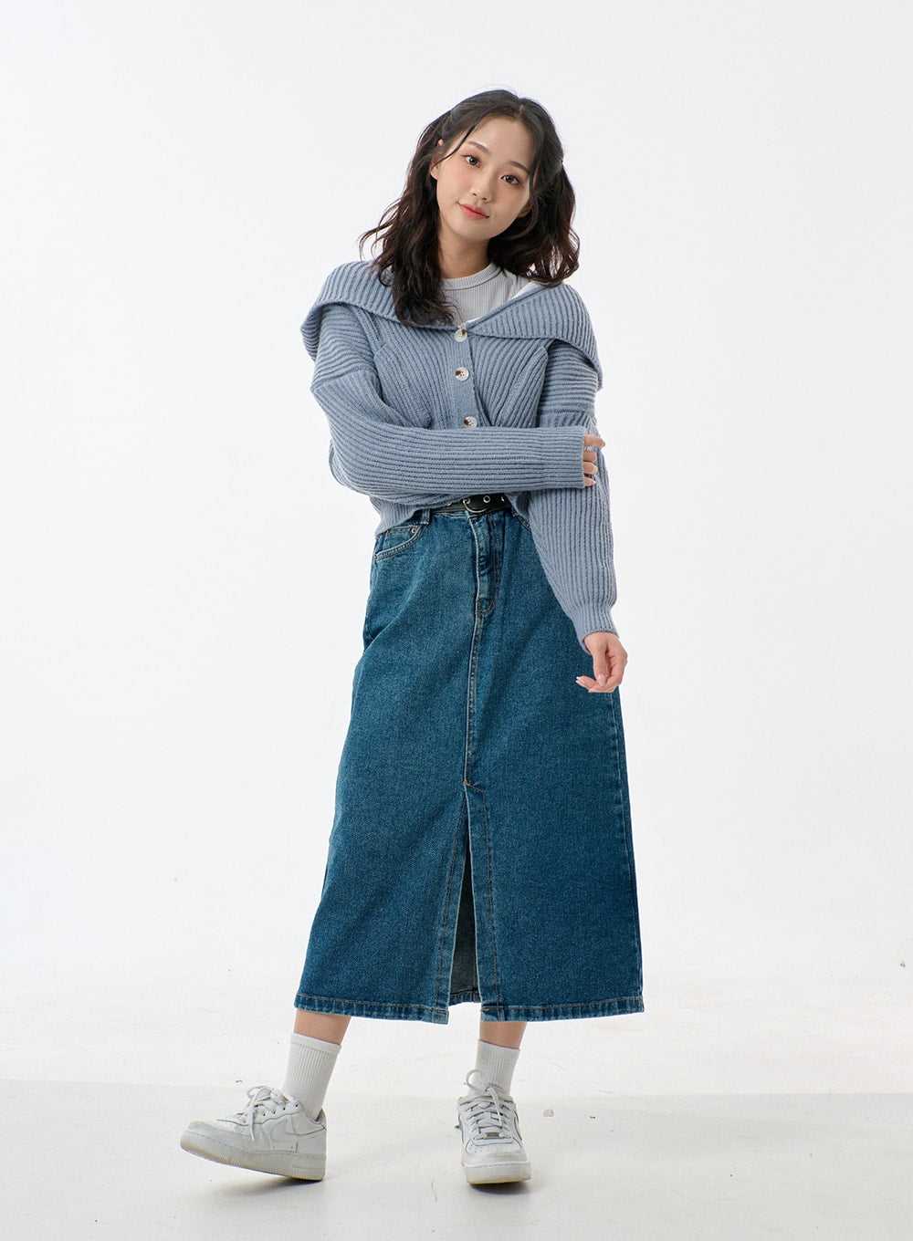 Mid-Wash Front Slit Denim Maxi Skirt BJ327