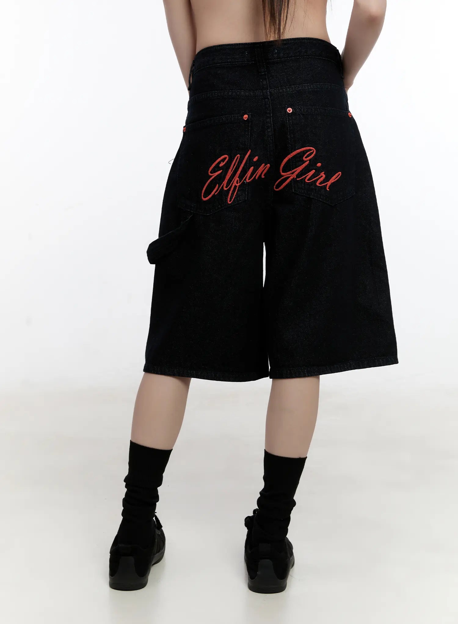 Red Text Graphic Embroidered Jorts CL504