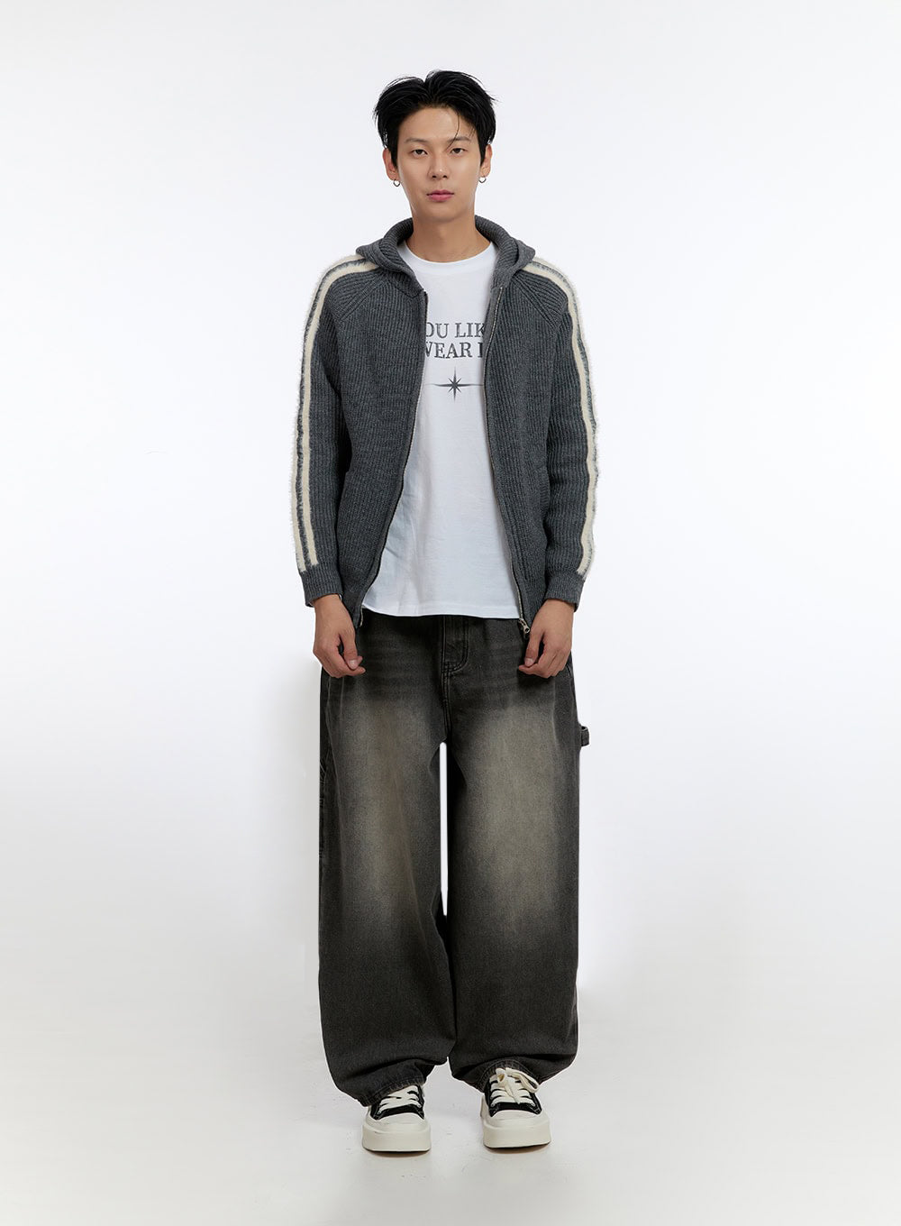 Men's Striped Double Zipper Knit Hoodie IO428