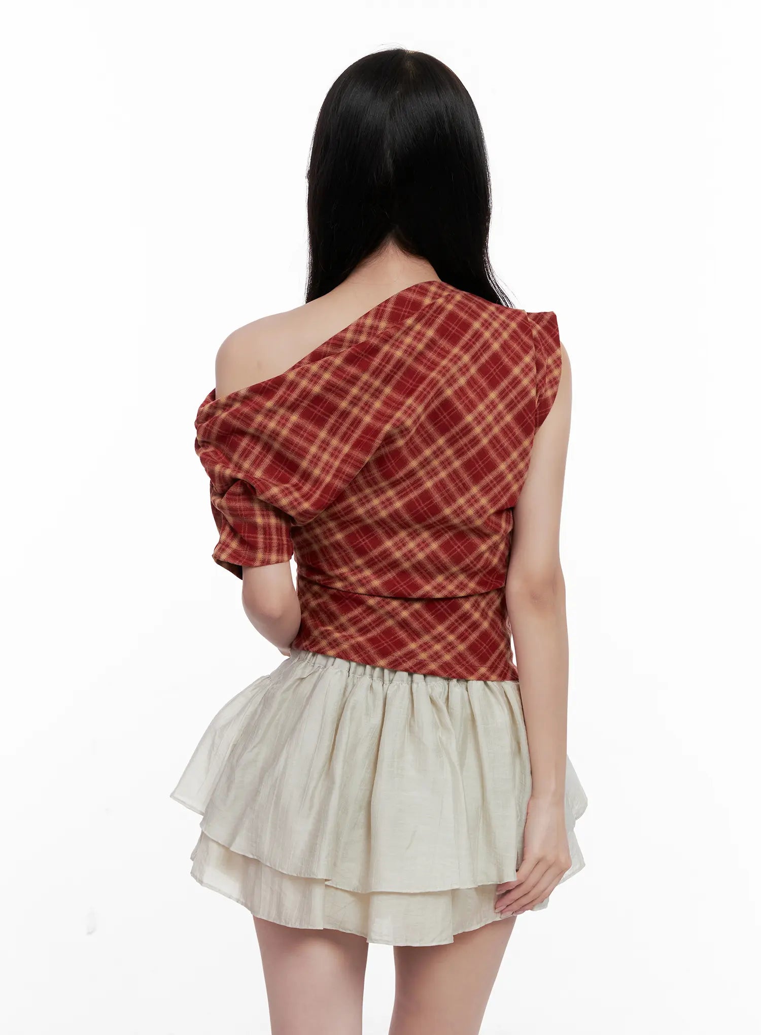 Plaid Asymmetric Ruched Off-Shoulder Top CL516