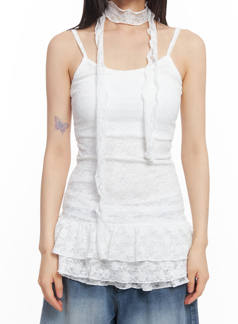 Frilly Lace Mini Dress with Scarf Set CY512