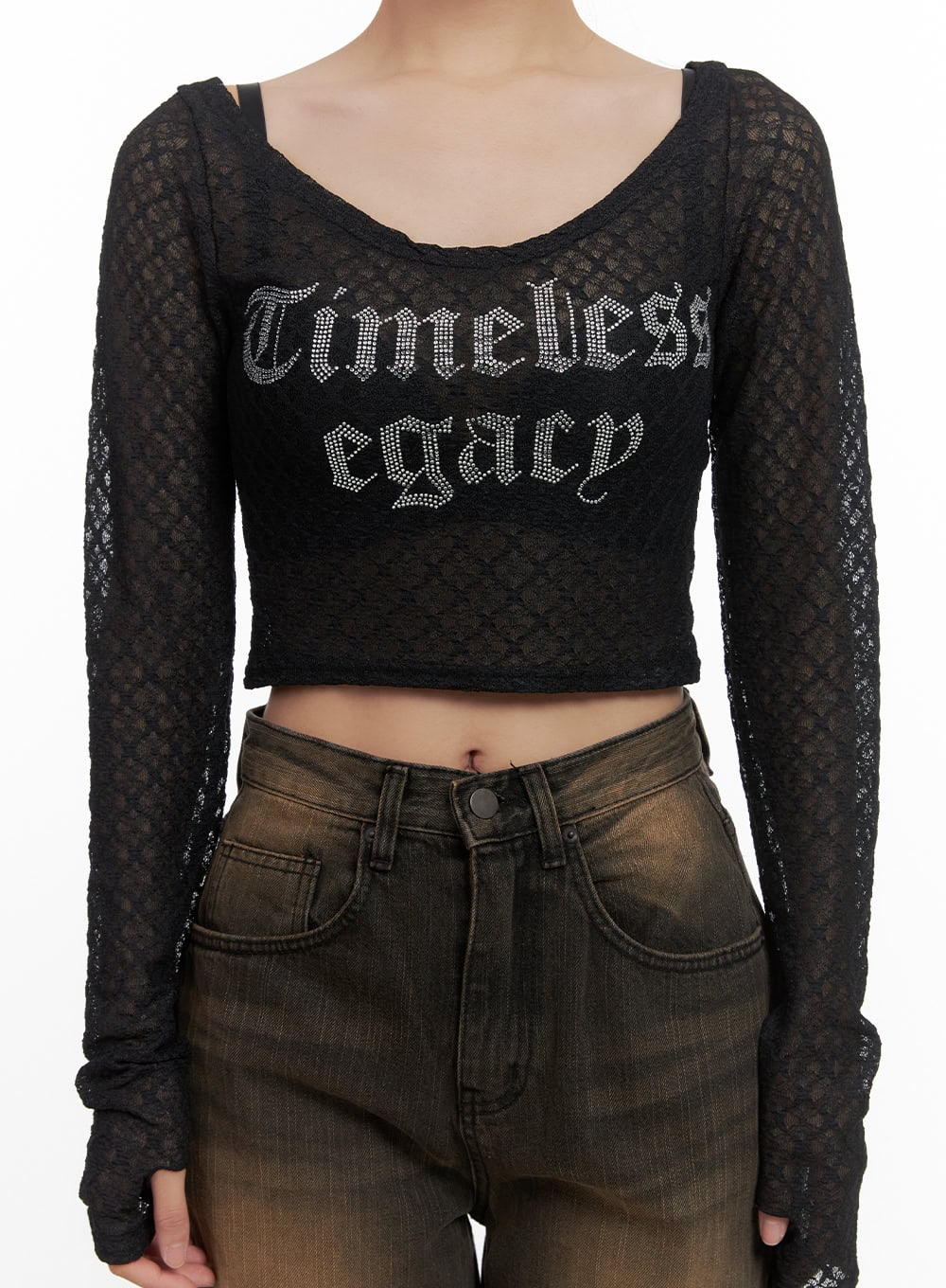 Lettering Mesh Crop Long Sleeve Tee CO404