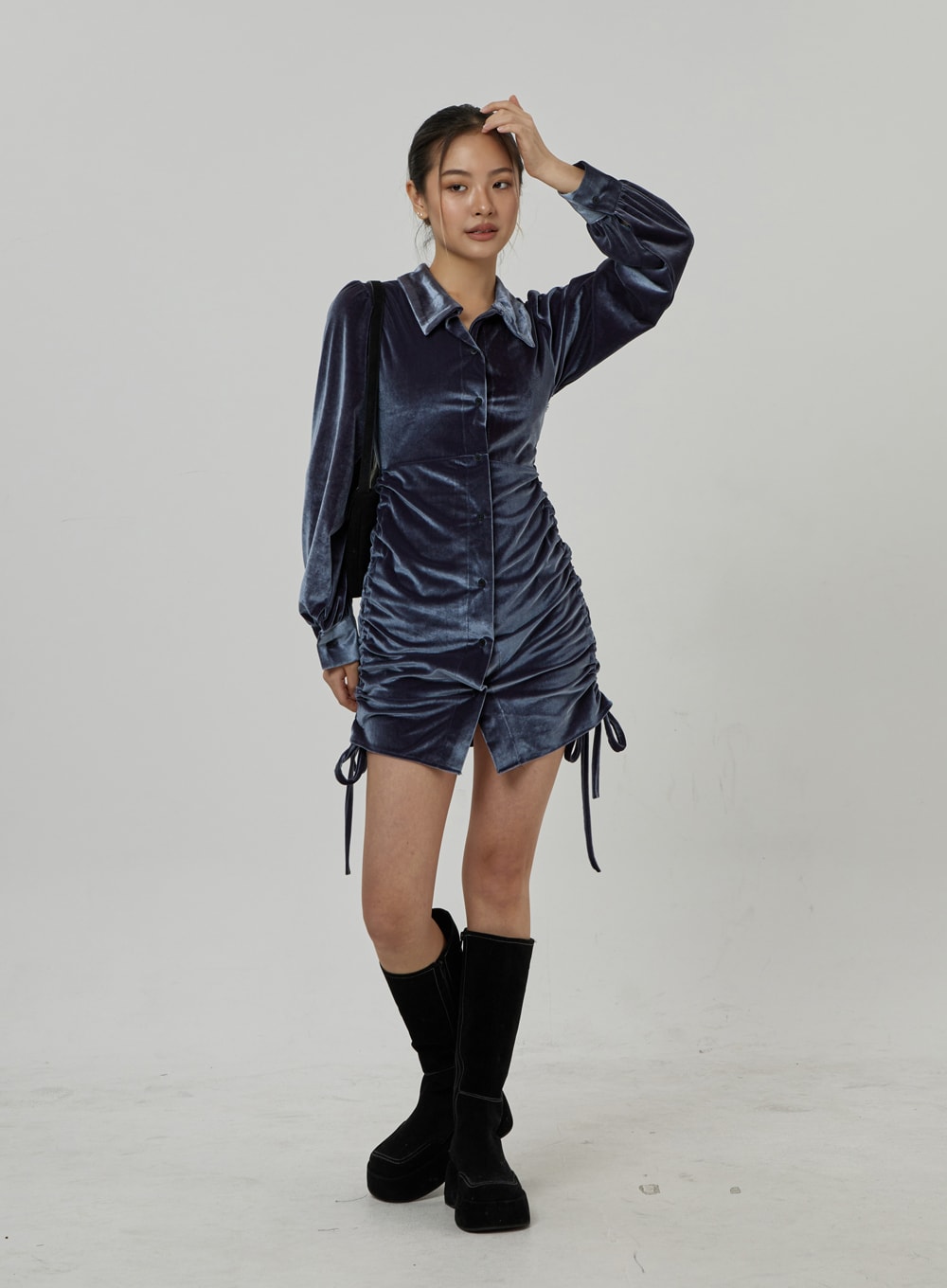 Side Tie Ruching Velvet Long Sleeve Mini Dress CD23
