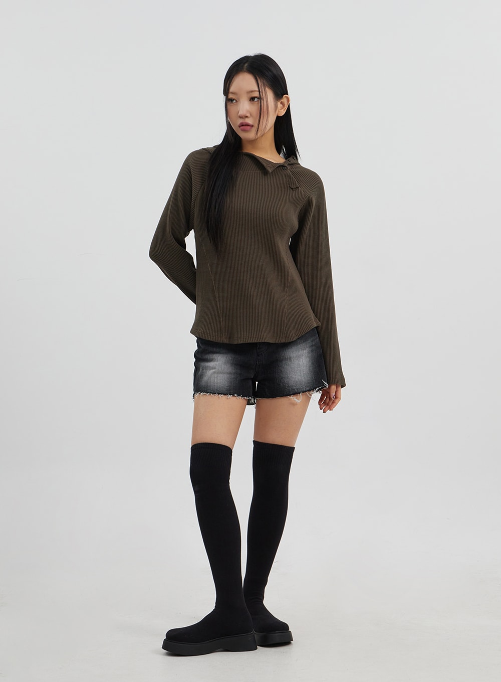 Side Button Detail Knit Hoodie CJ318