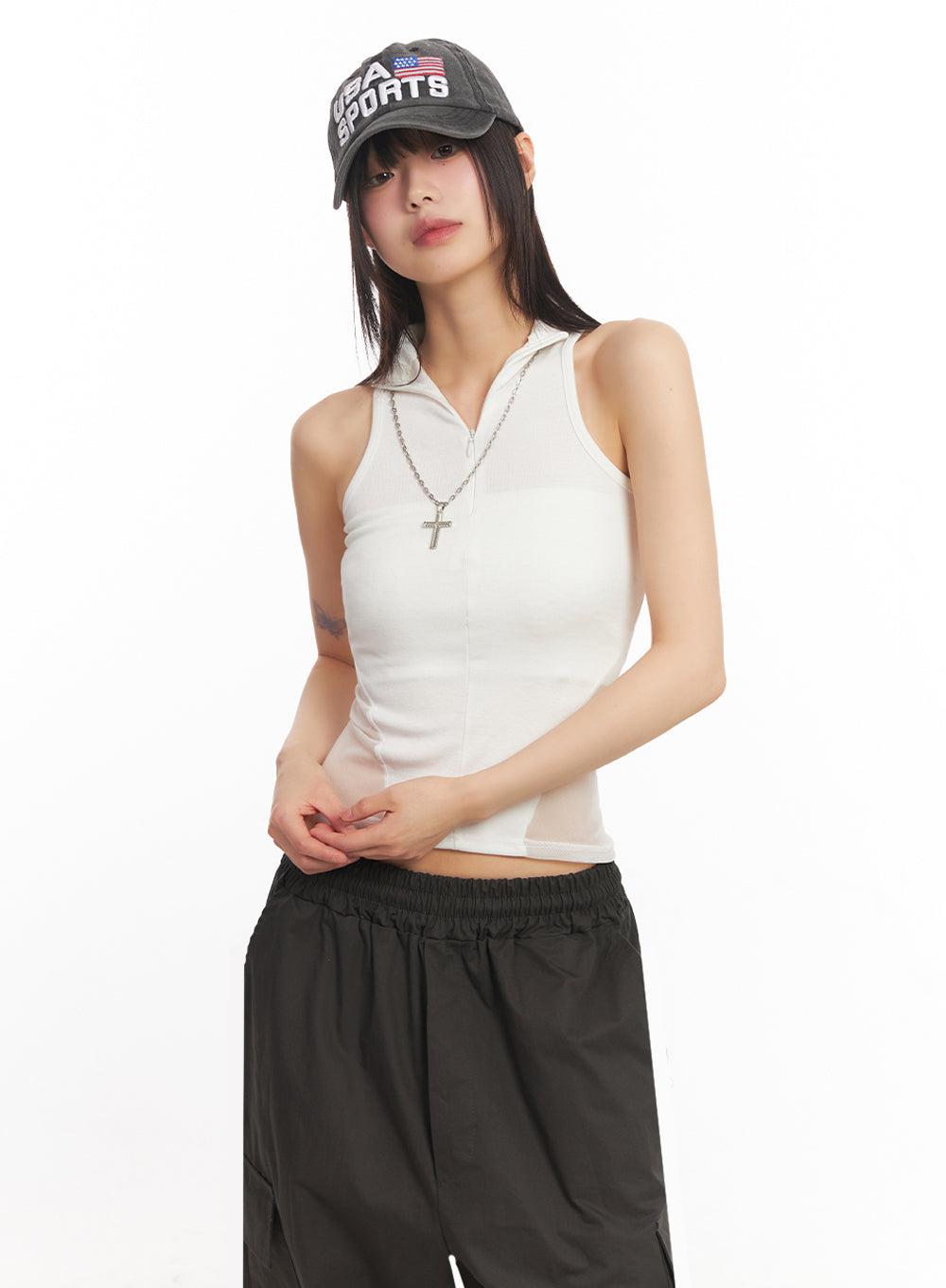 Mesh Sleeveless Collared Crop Top IY502