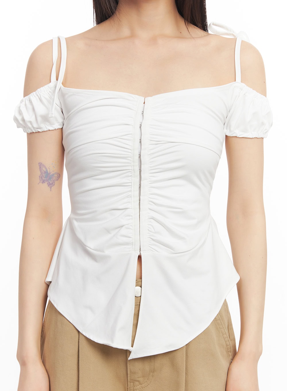 Shirred Off-Shoulder Puff-Sleeve Top CA523