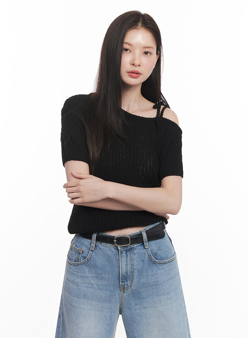 Ribbon One-Shoulder Knit Crop Top IY509