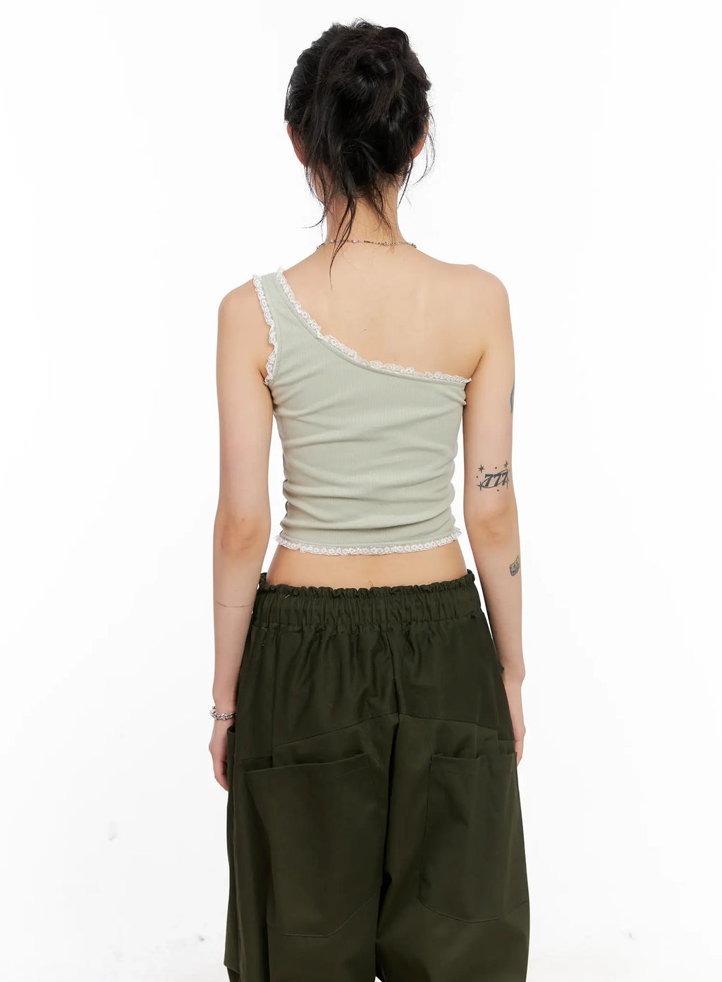 Asymmetric Lace-Trim Ribbed Top CL525