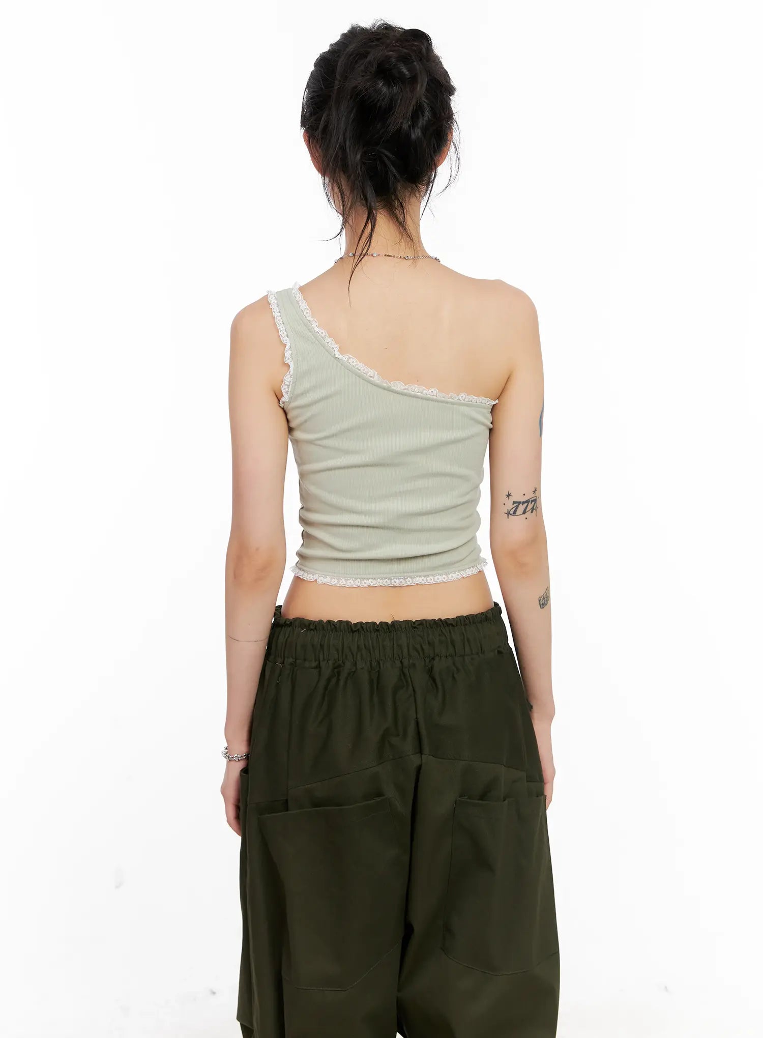 Asymmetric Lace-Trim Ribbed Top CL525