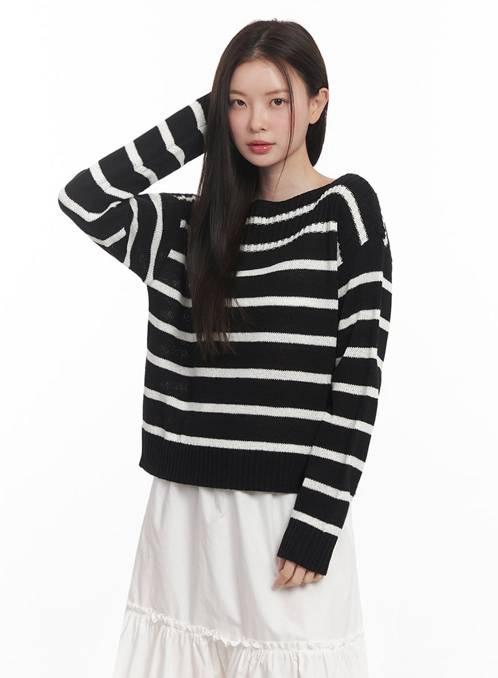 Stripe Boat-Neck Knit Sweater IY509