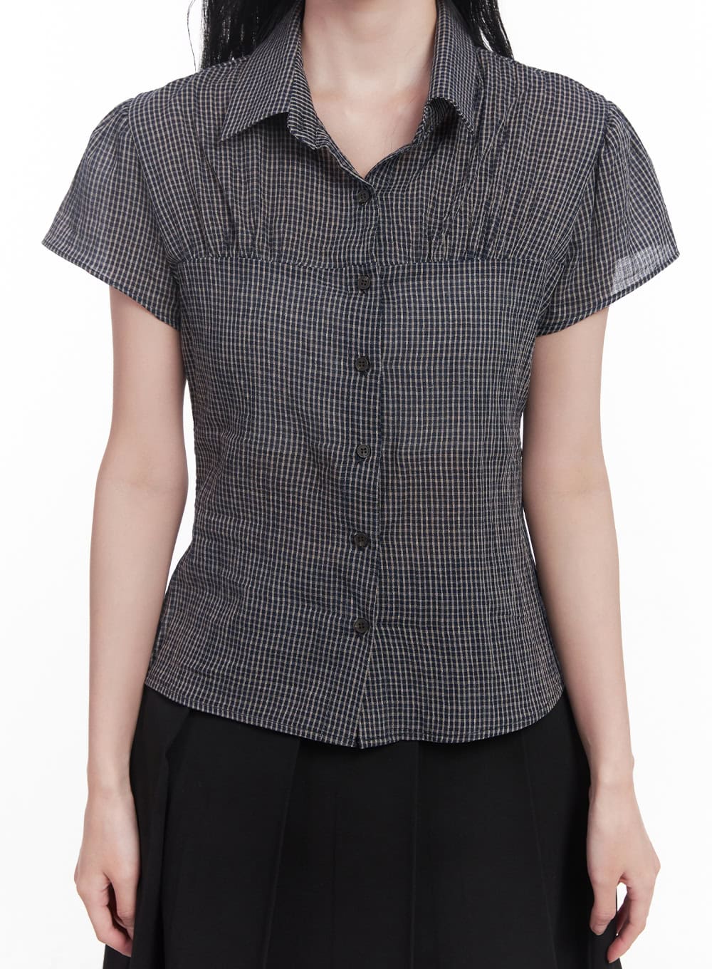 Checkered Puff Button Blouse Top CY526
