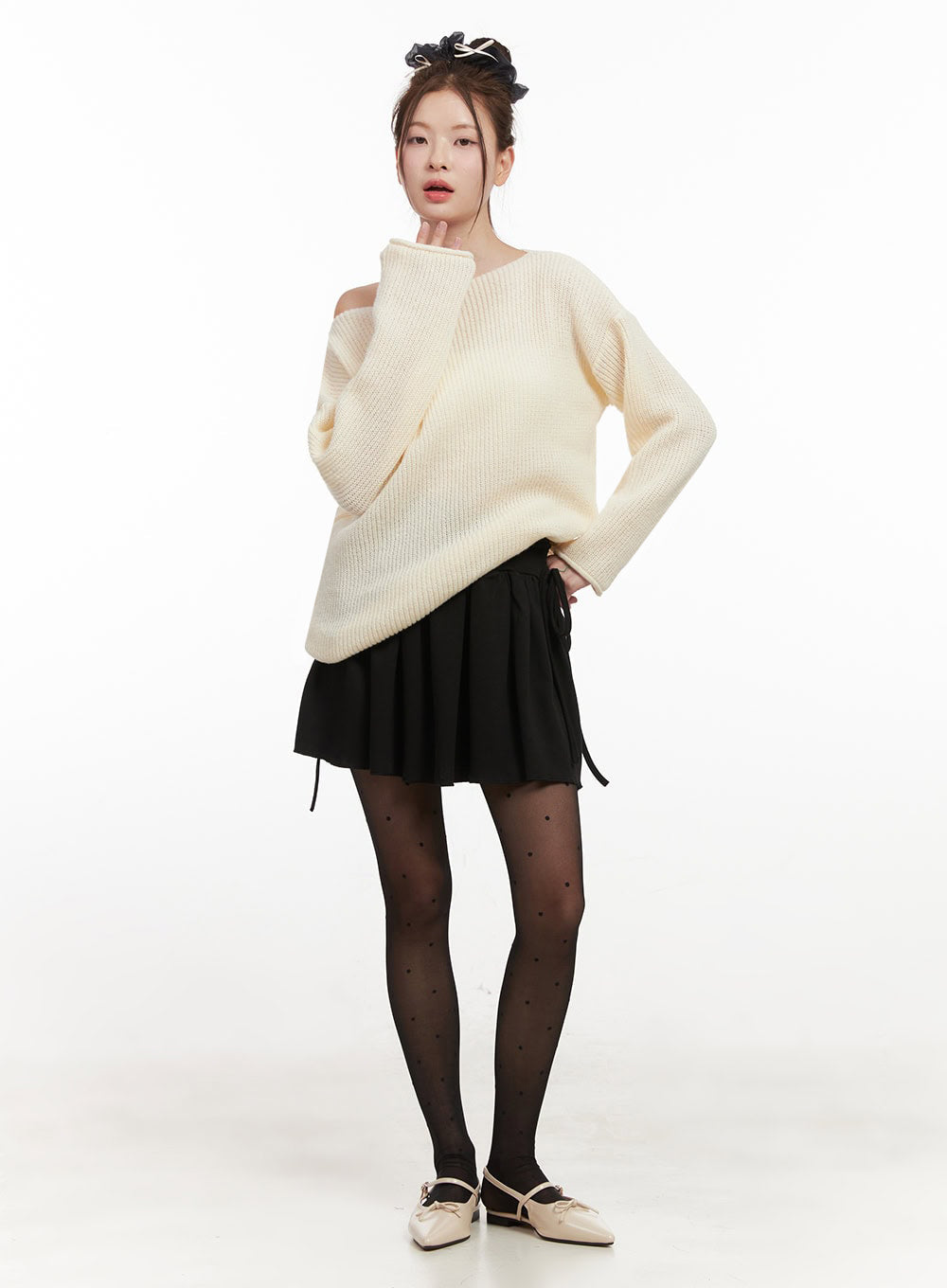 Ribbon-Tie Shirred Mini Skirt IF505