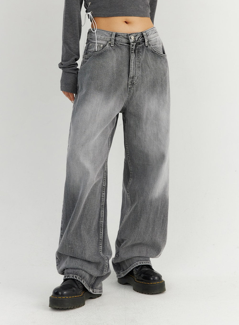 Grey Washed Wide Leg Jeans CO323