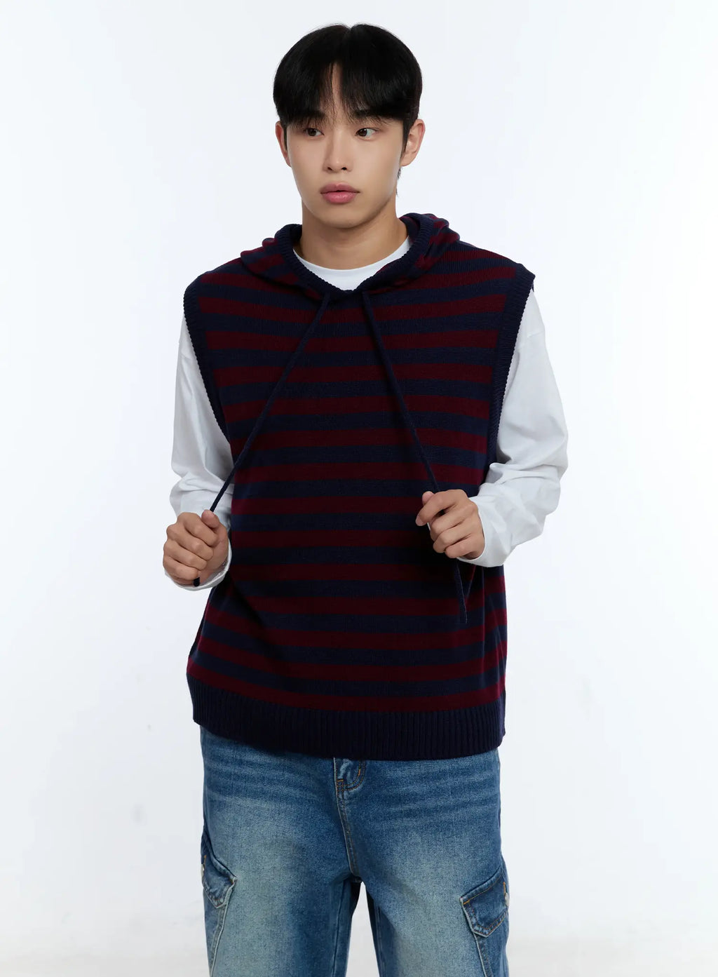 Men's Striped Knit Sleeveless Hoodie IG515