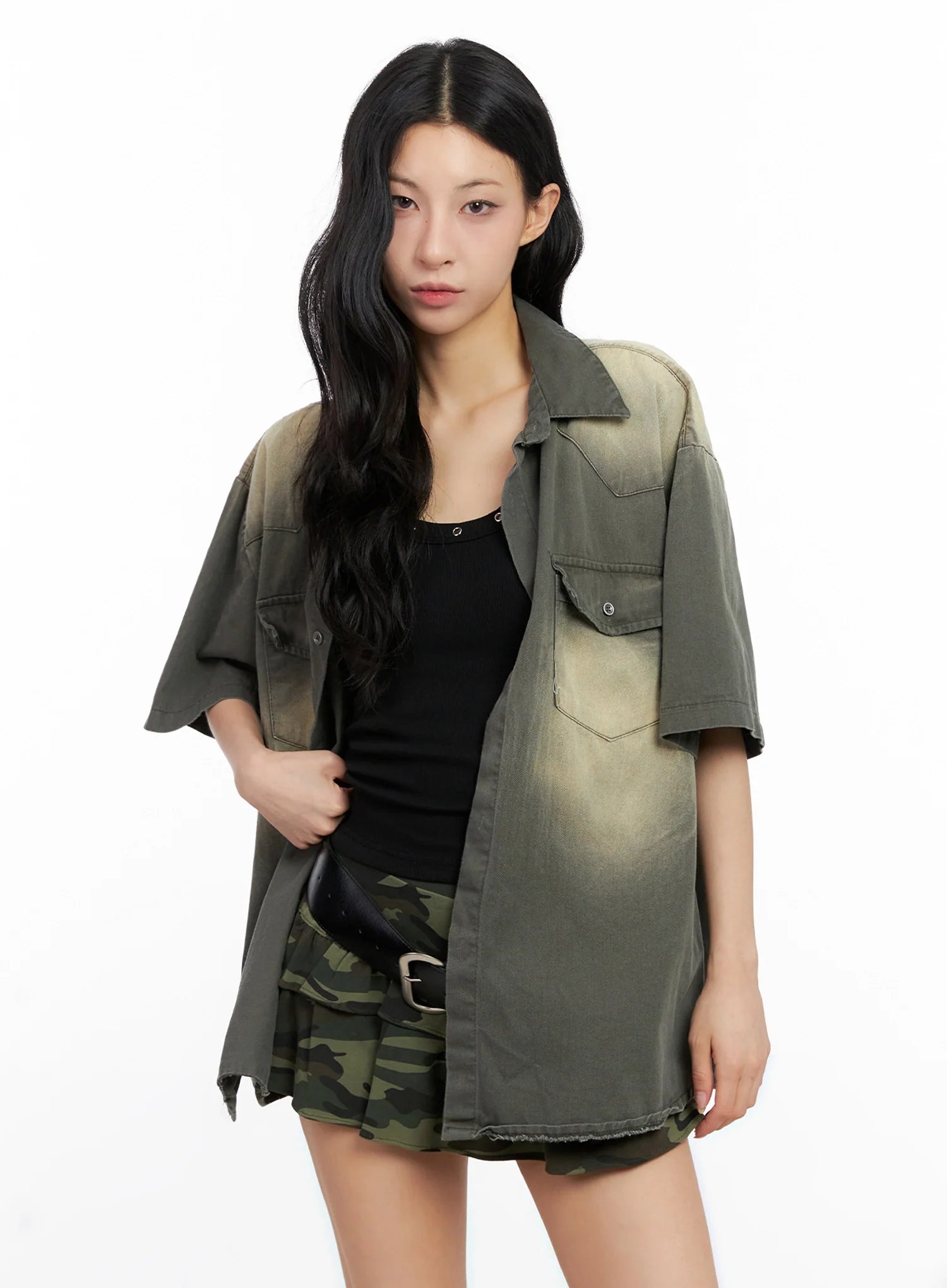 Washed Short-Sleeve Button-Up Shirt IG508