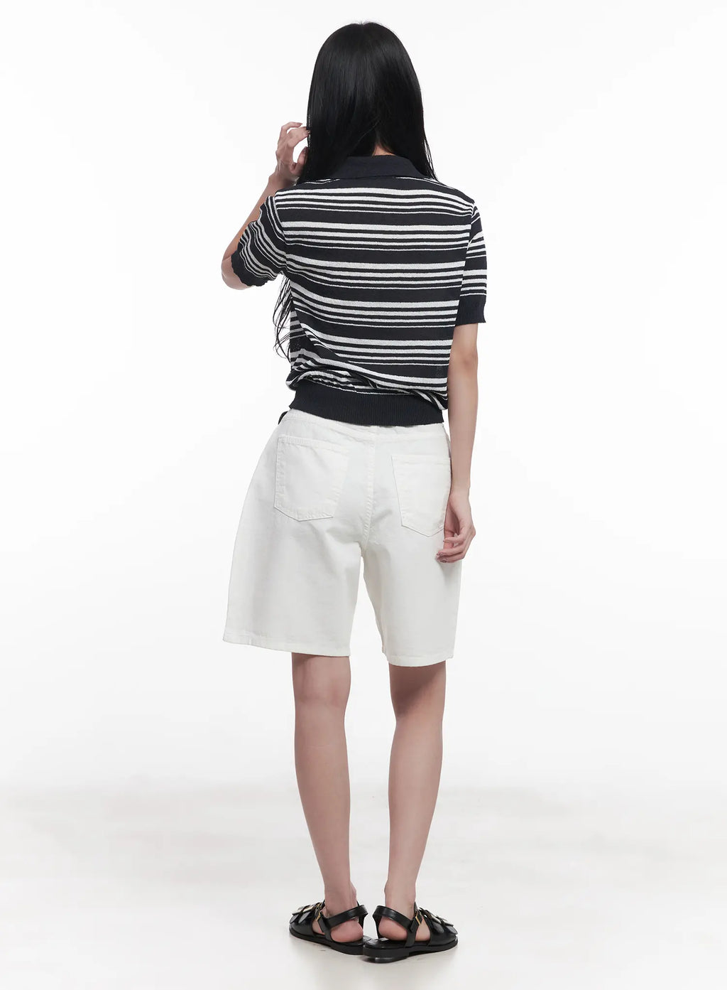 Striped Collared Short-Sleeve Sweater CU525