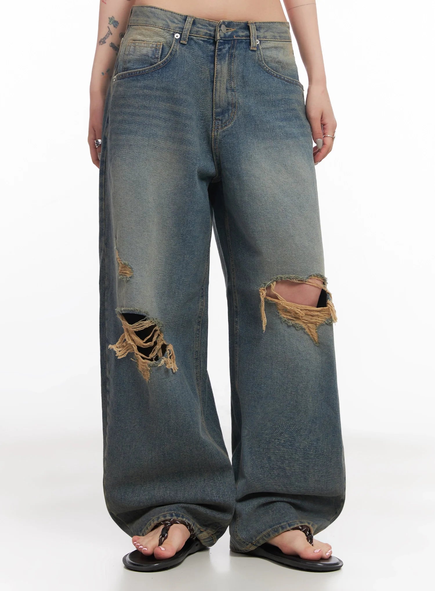 Jeemin Vintage Distressed Wide-Leg Denim Jeans  IC503
