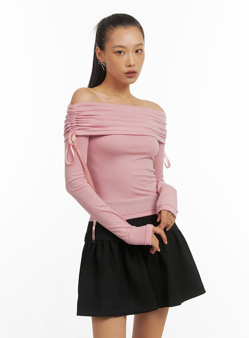 Shirred Solid Off Shoulder Crop Top IO409