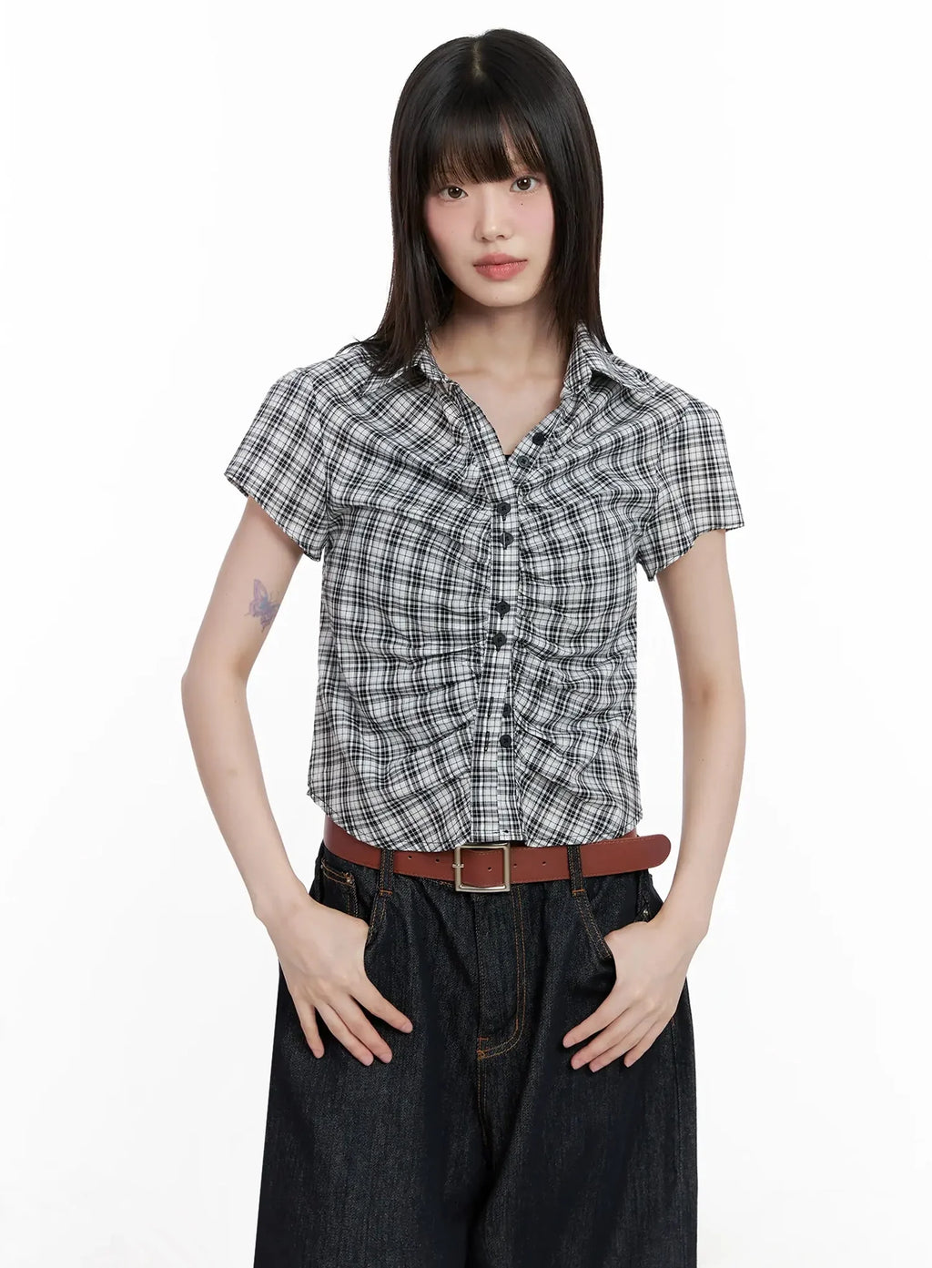 Shirred Plaid Button-up Blouse IL531