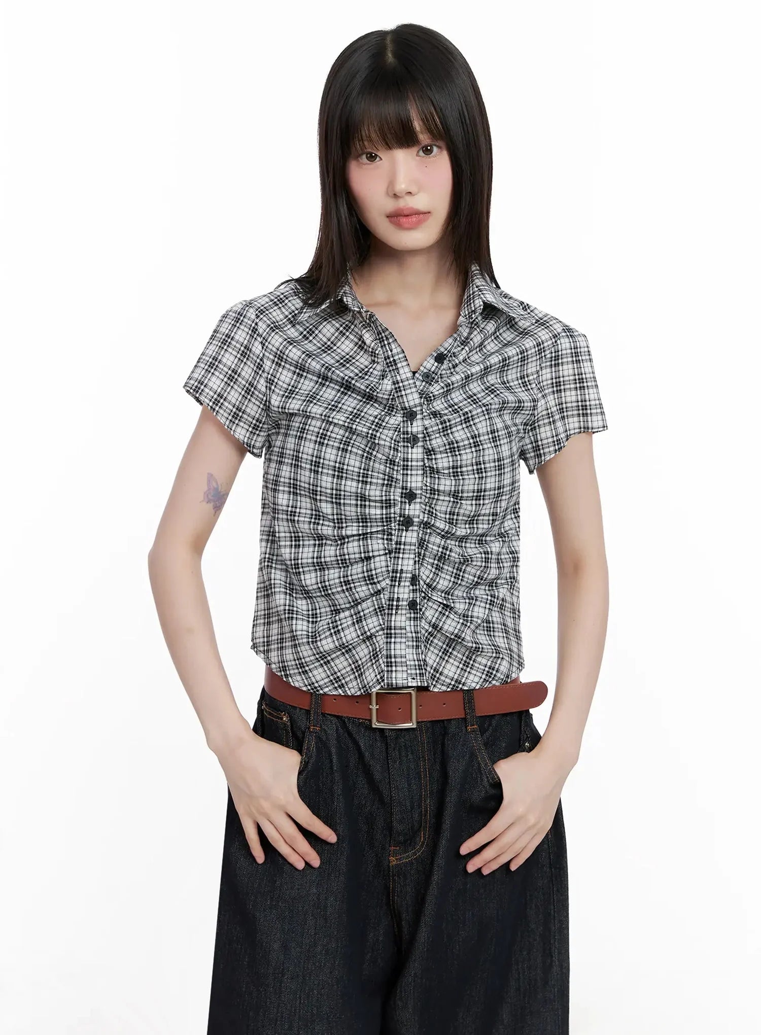 Shirred Plaid Button-up Blouse IL531