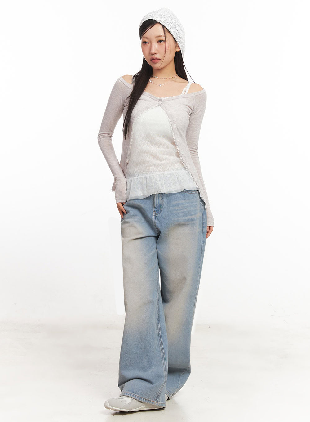 Lace Buttoned Off-Shoulder Cardigan IA524