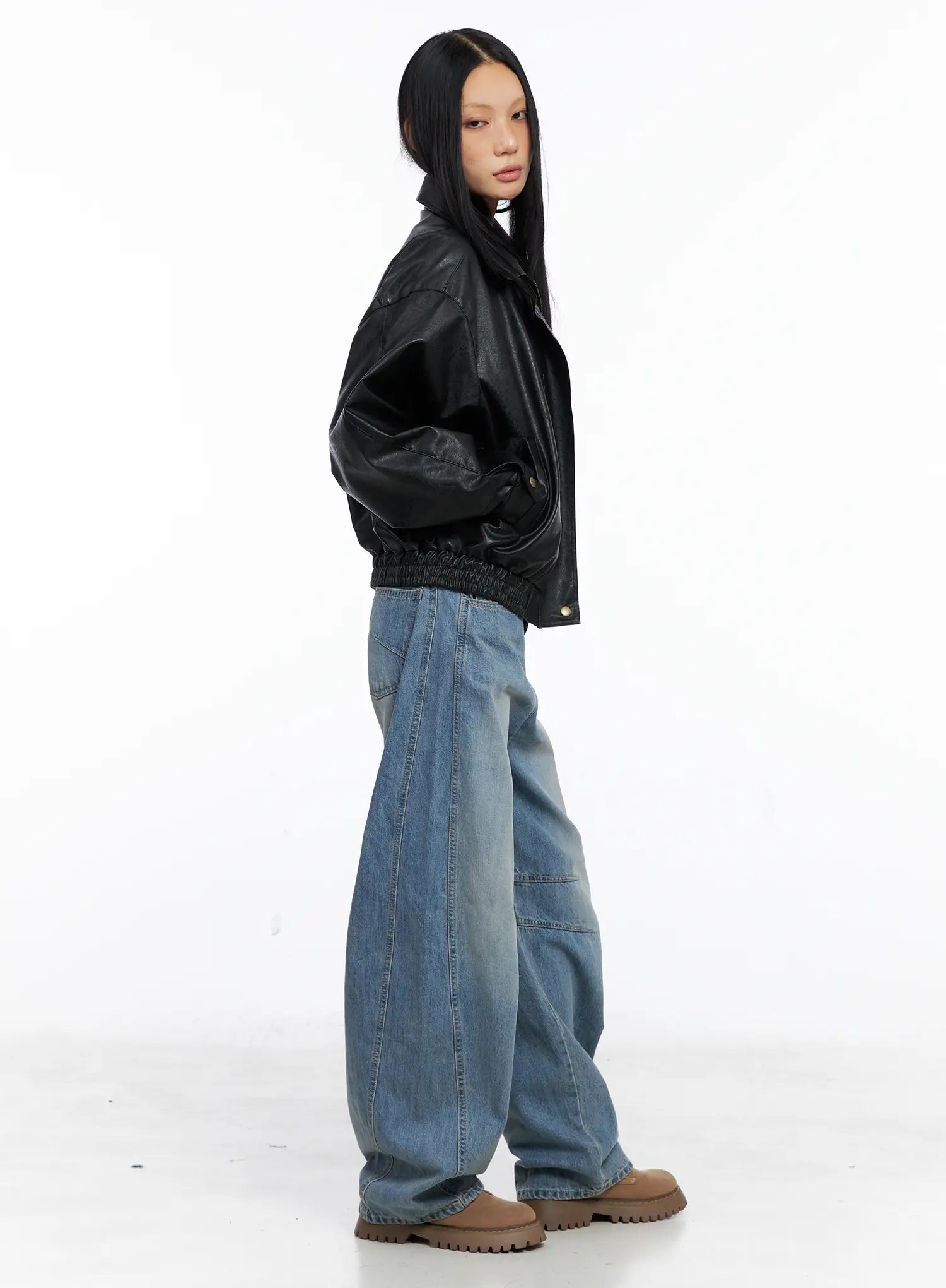 Relaxed Fit Faux Leather Bomber Jacket CS511