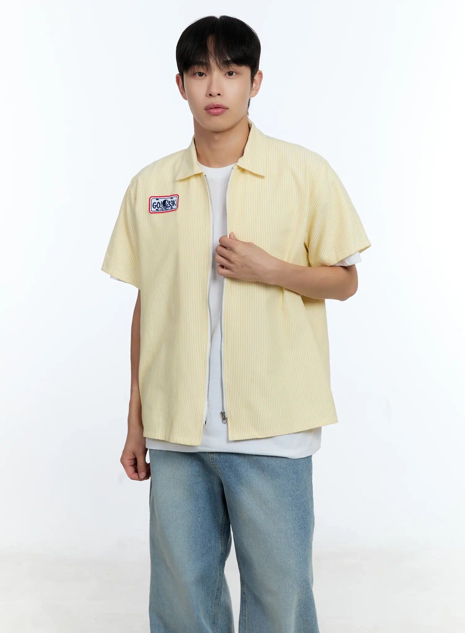 Men's Pinstripe Short Sleeve Zip Shirt IG519