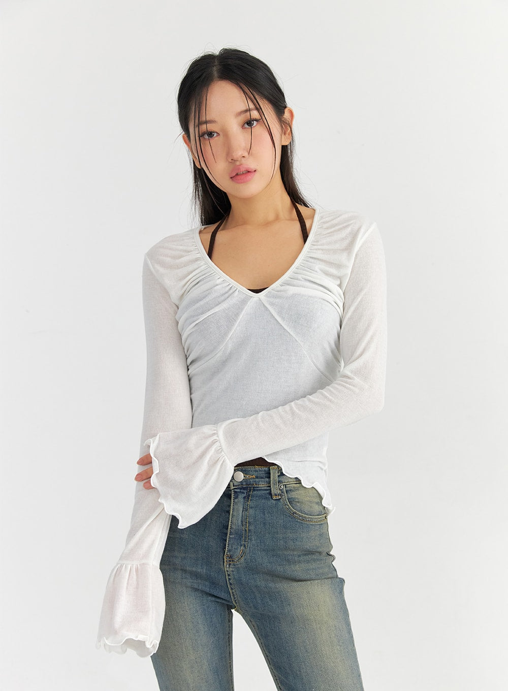 Mesh V-Neck Shirred Crop Top CO327