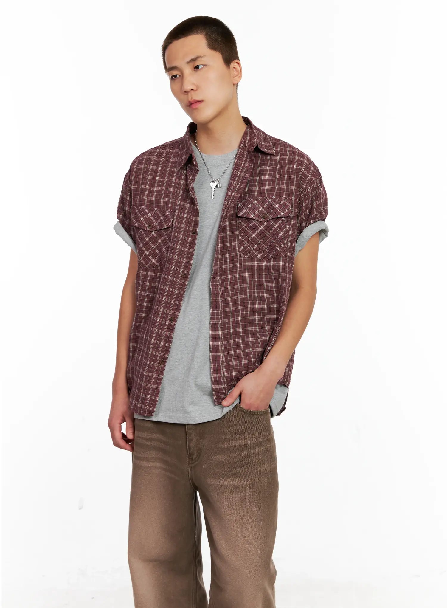 Men's Plaid Short-Sleeve Flannel Shirt IG511