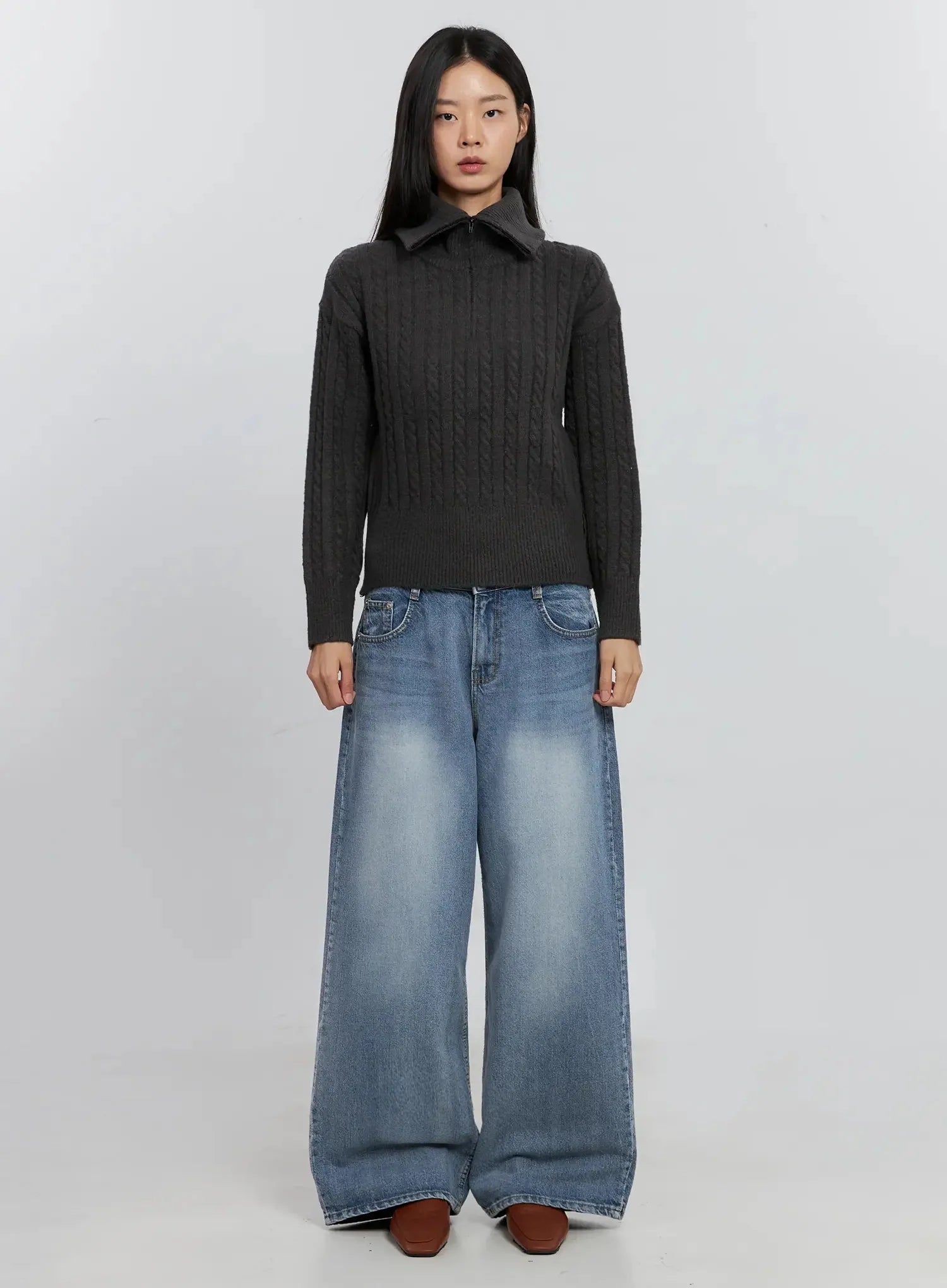 Cable-Knit High-Neck Zip-Up IS515