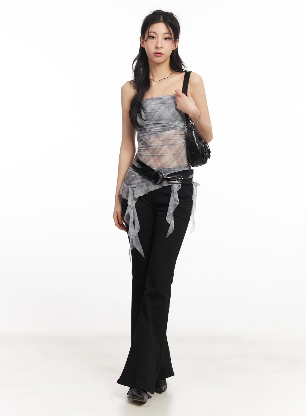 Sheer Plaid Ruffle Tube Top CA514