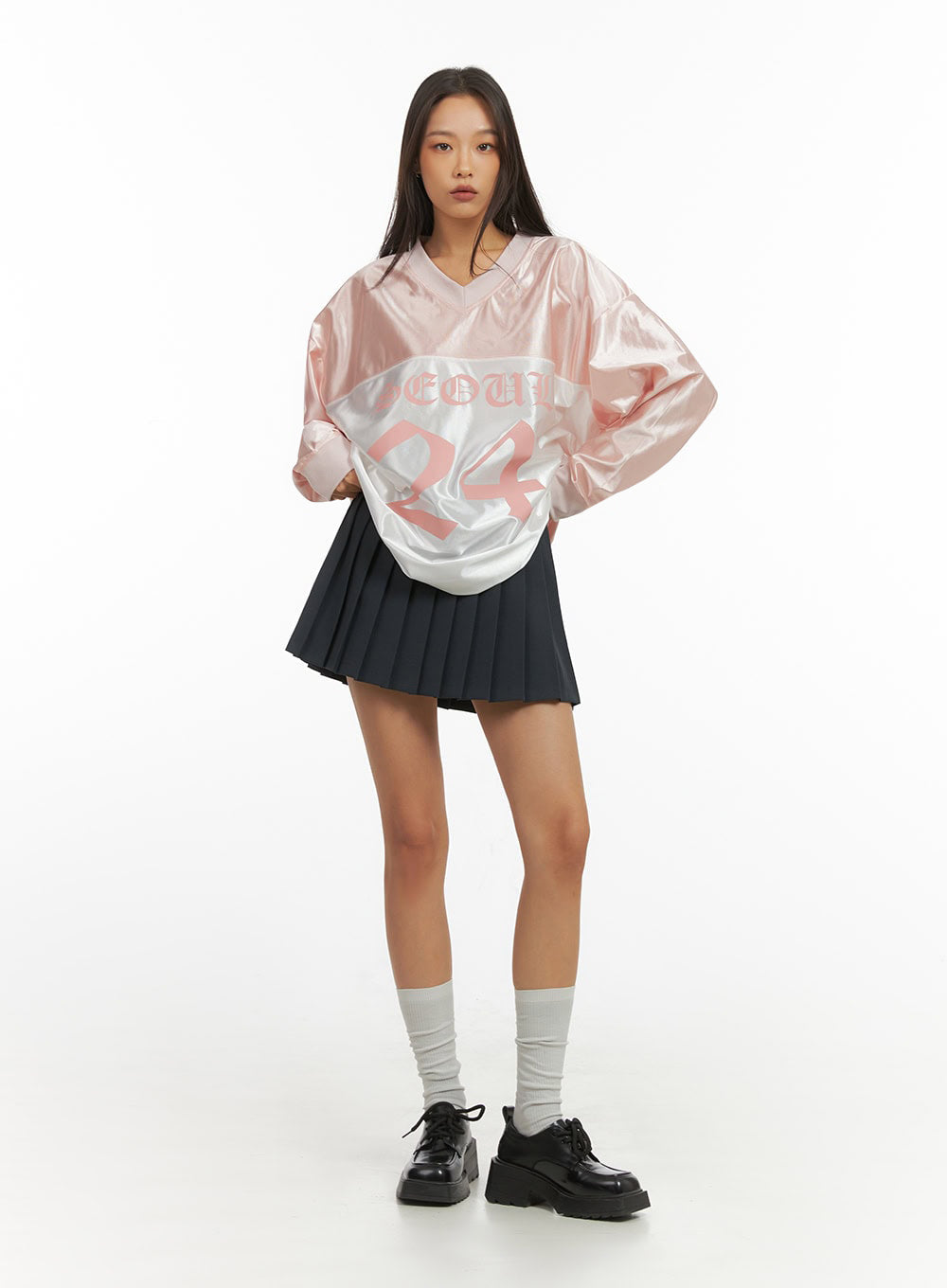 Pink Lettered Poly Sweat V-Neck Hoodie IO409