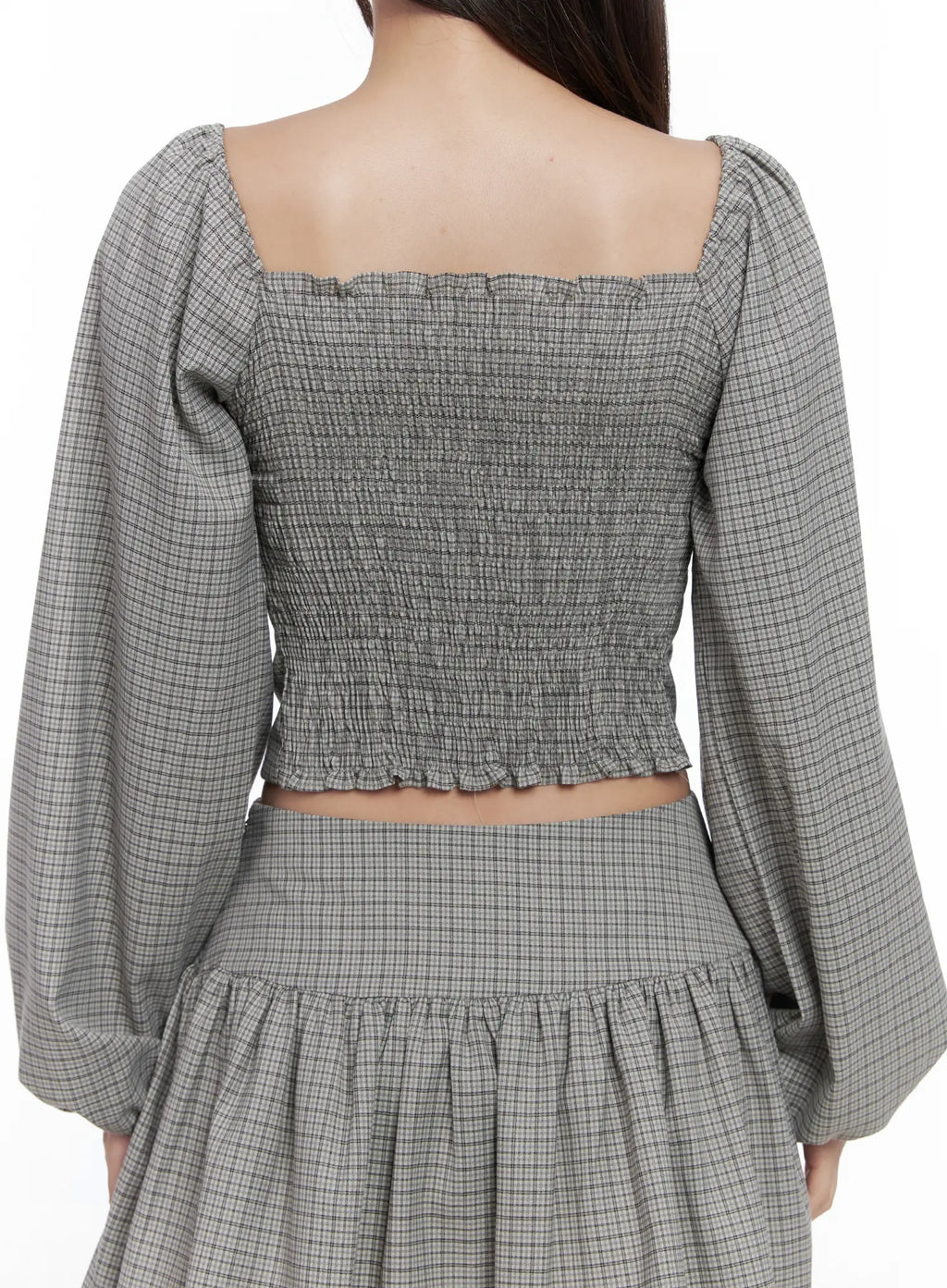 Gingham Button-Up Puff Sleeve Blouse CS503