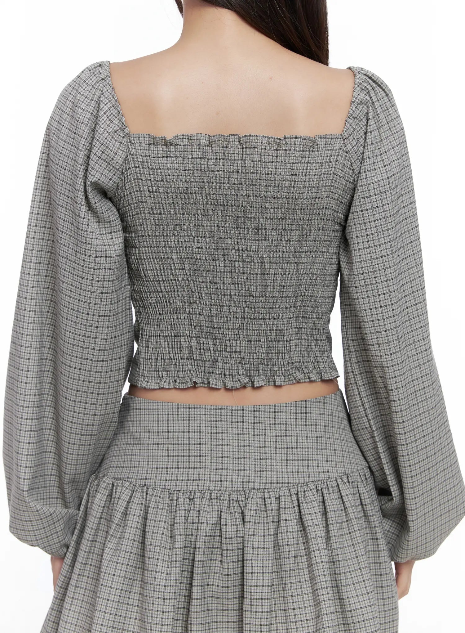 Gingham Button-Up Puff Sleeve Blouse CS503