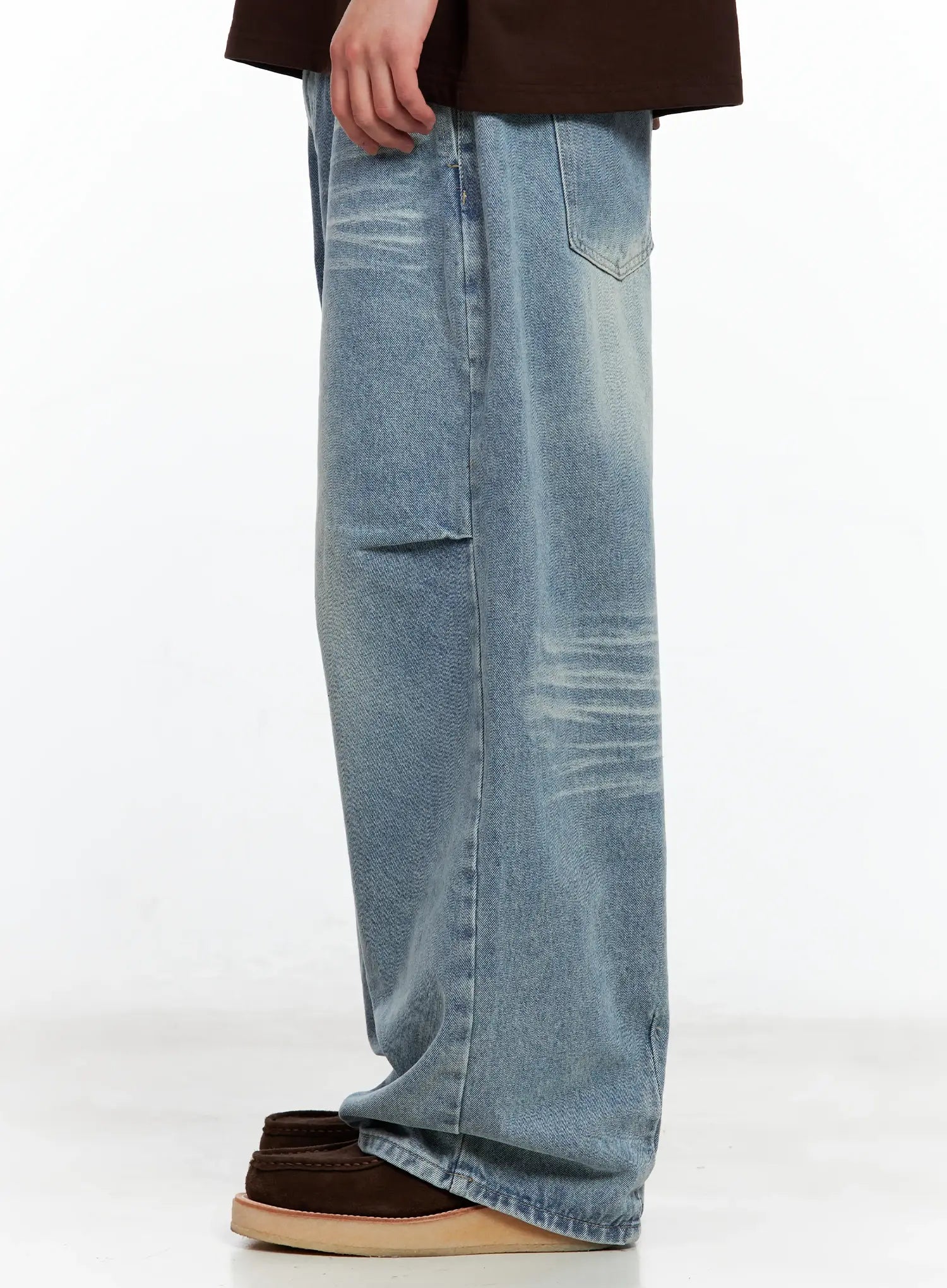 Men's Front-Pleated Washed Wide Denim Pants IL514
