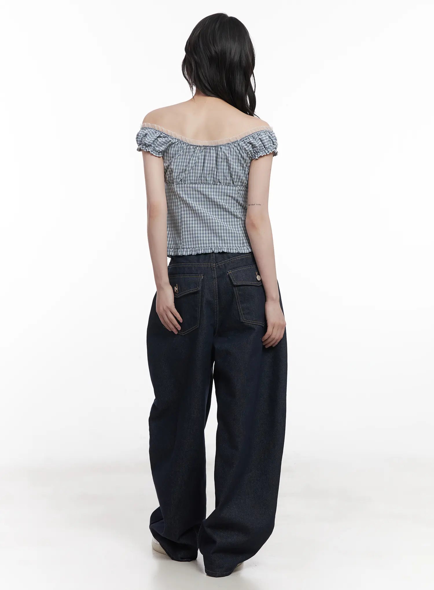 Plaid Frill Off-Shoulder Top CU519