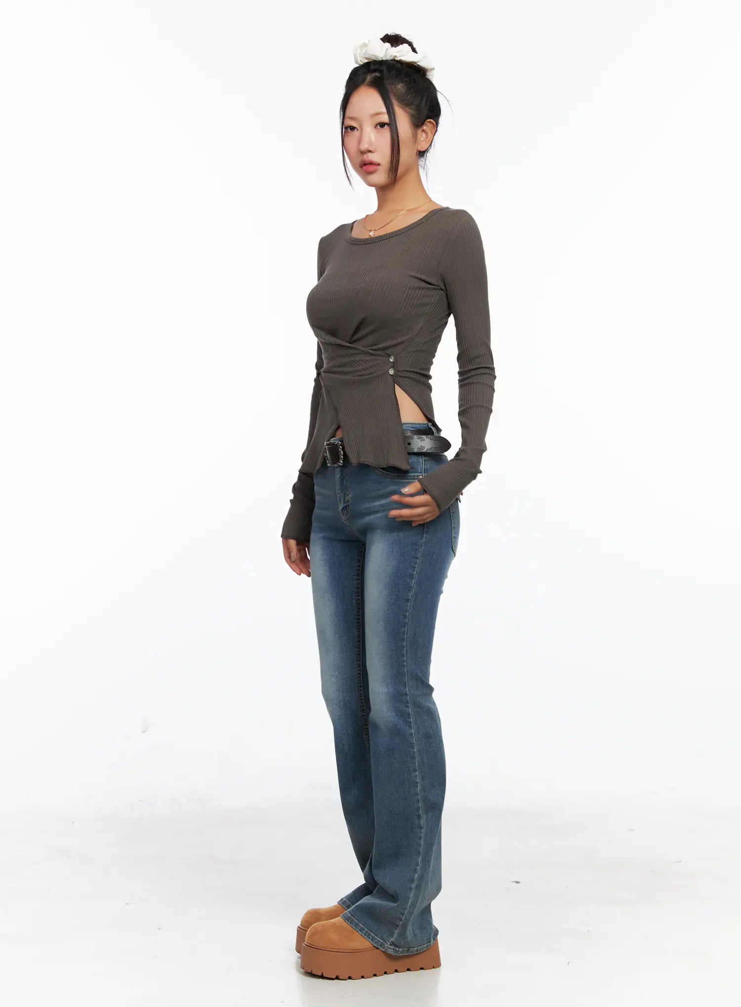 Ribbed U-Neck Button Detail Long Sleeve Top CO514